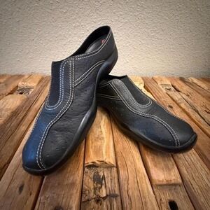 Prada Sport Linea Rossa Black Leather Contrast Stitch Mules Flats 2066 37